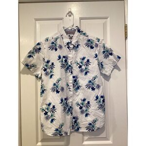Men's Short Sleeve Button Down Shirt White Blue‎ Floral Palms Hawaiian - Med